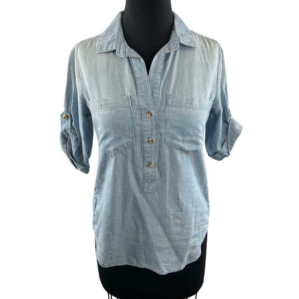 Cloth & Stone Striped Tencel Popover Blue White Roll Tab Sleeves Size XS NEW